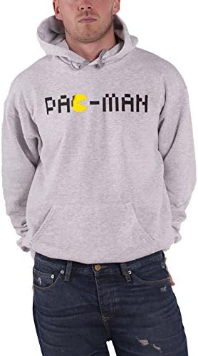 Pacman Hoodie Classic Pixel Logo Official Mens Grey Long Sleeve Pullover S