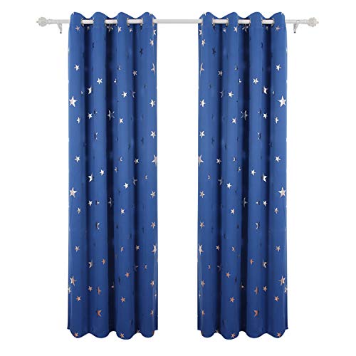Deconovo Cortinas Opacas con Aislamiento Térmico para Sala de Estar Oficina Hotel Ventanas Infantiles Estrella Plateada 117 x 229 cm Azul Oscuro
