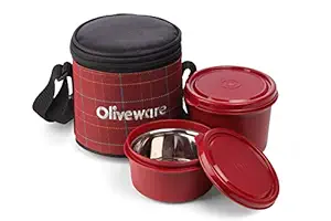 SOPL-OLIVEWARE Cleo Microwave Safe Leak Proof 2 Stainless Steel Full Meal Containers with Insulated Fabric Bag (Red)