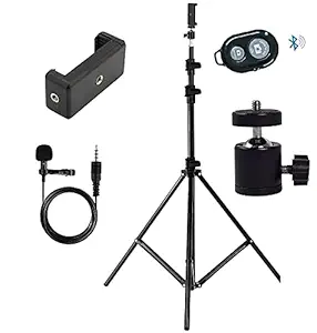PKST 7 Feet Big Tripod Heavy Qualtity for Mobile Phone, Camera with Holder, Mount, Selfee Bluetooth Remote Controller and Collar Mic 5 Meter Long