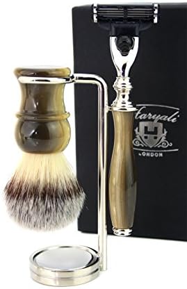 Vintage Style Shaving Set/Kit for Mens Synthetic Badger Hair Shaving Brush, 3 Edge Cartridge Razor and Stainless Steel Holder
