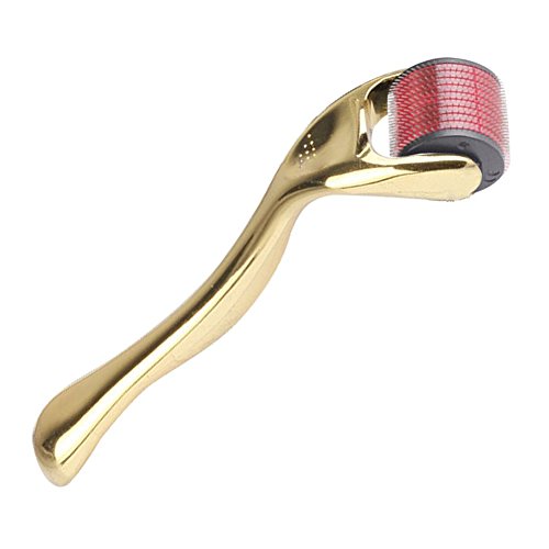 SODIAL(R) 1.0mm Professional Titanium Microneedle 540 Derma Needle Roller for Acne Scars, Face, Body, Hair Loss, Wrinkles, Blackheads, Sun Damaged, Ageing- Daily Care Product, Reducing Blemishes Scars Potholes Cellulite Stretch Marks Uplifting Whitening Regeneration. Golden Handle & Red Roller