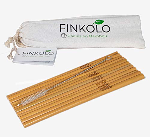 Pailles Réutilisables en Bambou Biodégradables | Set de 12 Avec Brosse de Nettoyage et Pochette de Rangement Transport en Toile | Couleur Naturelle de 22cm | Idéal pour Pique-niques, Barbecue, Camping