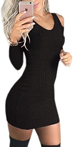Elevesee Women's Long Sleeve Sexy V-neck Off Shoulder Bodycon Mini Sweater Dress Black X-Large