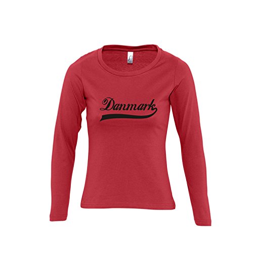 Dänemark Oldschool Danmark LÄNDERSHIRT EM / WM FAN Trikot – Damen Langarm Longsleeve T-Shirt S-XL , red – schwarz , XL