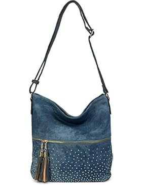 styleBREAKER Hobo Bag Jeans Tasche mit Strass, Reißverschluss Fach, Quasten Anhänger, Shopper, Umhängetasche,...