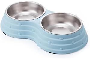 Angeer Dog Bowl Pet Bowl Anti Overturning and Anti Slip Double Bowl Dog Bowl Dog Plate Cat Bowl Stainless Steel Easy to Clean Drinking Water Bowl Bottom with Anti slip Pad (Blue-Medium)