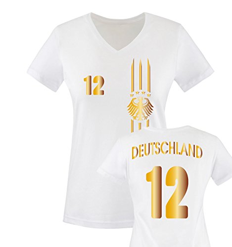 EM 2016 – TRIKOT – MOTIV1 – DEUTSCHLAND – 12 – Damen V-Neck T-Shirt – Weiss / Gold Gr. M