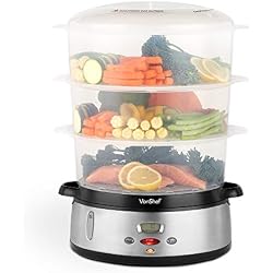 VonShef Cuiseur à vapeur 3 étages 800 W - Cuiseur à vapeur électrique à affichage numérique - Plastique sans BPA - Bol à riz inclus - Pour cuisson saine des viandes, poissons et légumes