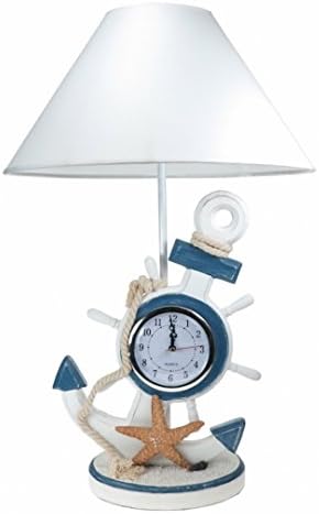Anchor Table Lamb with Clock Ideal Bedside Table Lamp 55cm High in White with Blue Trim