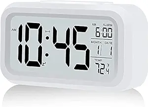 DEVMORE ABS Plastic Digital Alarm Clock with Date and Indoor Temperature, Battery Operated Clear Display Automatic Sensor Smart Alarm Clock for Girls Kids with Snooze Time (White)