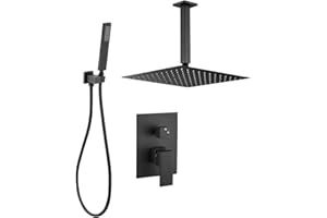 VALAZ Ducha Empotrada Negro Mate | Ducha Monomando 2 Vías, Rociador Efecto Lluvia | Instalación en Techo Fácil y Rápida | Acero Aleado, Inoxidable, Elegante, Cuadrada, Rociador 25 cm, Serie Tajo