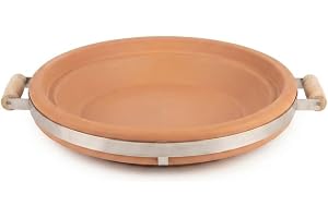 Terracotta Bird Feeder & Bird Bath Tray with Steel Reinforced Band and Wooden Handles, Heavy Duty Outdoor Wildlife Feeding Dish, Rustic Garden Decor, Large, 40 x 37 x 7 cm