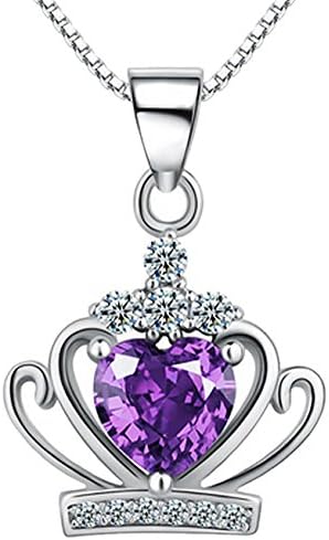 Joyfulshine 925 Sterling Silver Necklace Crystal Princess Crown Pendant Necklace Color Purple for Women