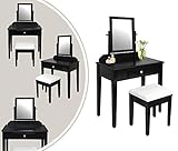 Leogreen - Coiffeuse, Meuble pour Se Maquiller, 1 tiroir, 1 miroir rectangulaire, Noir, Materiau: Bois de Paulownia, Charge maximale du tabouret: 150 kg