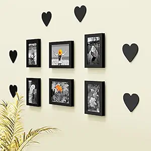 Random New Synthetic Collage Set Of 6 Photo Frames (4 X 6 Inch -4 & 5 X 7 Inch - 2) With 6 Heart Plaques (Black), 23 cm x 15 cm x 19 cm