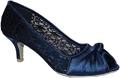 Ladies Satin Lace Evening Wedding Party Low Mid Heel Peep Toe Shoes Size UK 3-8 (UK 6 / 39 EU, NAVY BLUE)