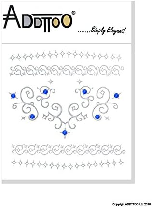 Silver Foil Metallic Temporary Crystal Tattoo. Diamond Body Art Transfer with Blue Swarovski Crystals and Skin Glue. Versatile Tattoo Kit by Addttoo