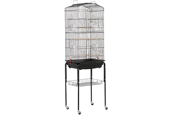 Abician Cage à Oiseaux en Métal de 150,5cm de Haut, Grande Cage à Perruche sur Pied à roulettes, Toit Ouvert, Plateau Coulissant, 4 Mangeoires, Perruche, Perroquet, Canari, Cockatiel Noir