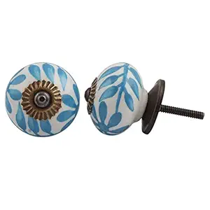 2 Pieces Handcrafted Knobs | Ceramic Door Knobs for Kids Room | Turquoise Draw Pulls for Dresser | Flower Drawer Handle | 3.81 cm Knobs