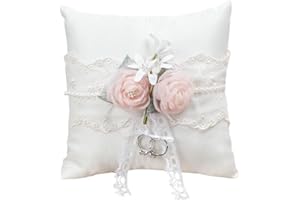 WERTSWF Coussin de porteur d'alliances en satin blanc avec fleur en dentelle décorée pour demande en mariage cérémonie 20 x 20 cm