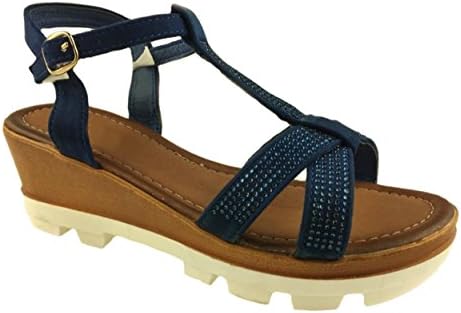 LADIES FAUX SUEDE STRAPPY WEDGE SANDALS STUD DETAIL SIZE 3-8 (4, Navy)