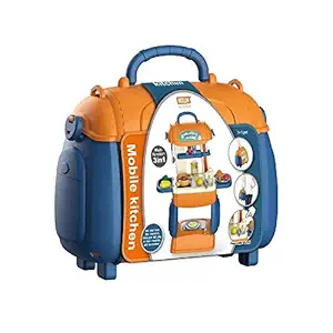 AKSHARAM AHAM 3 in 1 Multi Function Pretend Mobile Kitchen Playset to Play Little Chefs Set with Portable Suitcase Design for Girls 31Pcs Toys Kids Functional Role (Multi Color) (Blue)