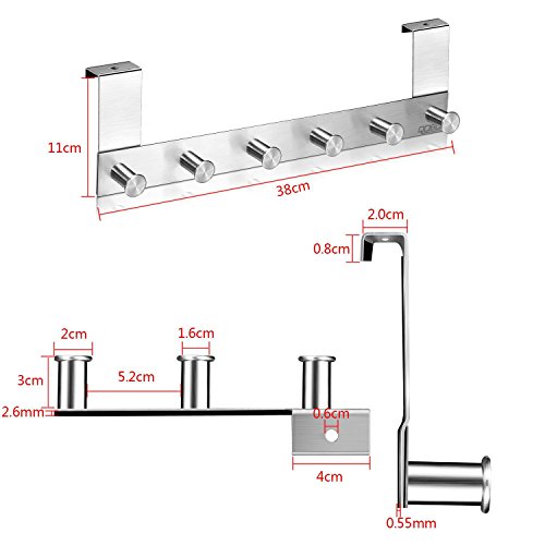 qobobo Edelstahlhaken Türgarderobe Türhaken Handtuchhalter Schublade Tür Haken Kleiderhaken Türhakenleiste Hakenleiste Tuer Garderobe 6 Reihe Haken ohne Anlage (Für tür mit 20 mm dick) - 4