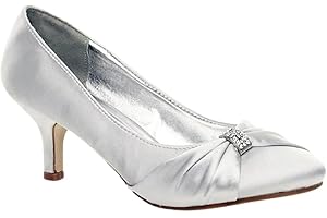 STYLO ONLINE Women’s Satin Low Kitten Heel Court Shoes – Diamante Buckle Bridal Bridesmaid Prom Party Heels for Wedding- UK Sizes 3-8