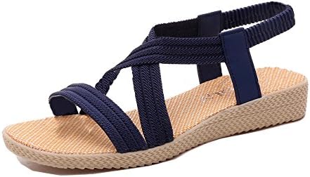 Vinstoken Womens Elastic Sandals Cross Strap Summer Beach Open Toe Flat Shoes Blue 41