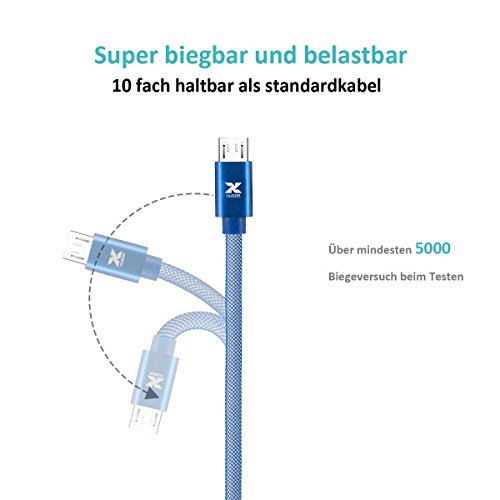 XUGOR Micro USB Kabel [2.4A-Strom Schnellaufladen] vernetzte Angelleine Nylon Ladekabel fÃ¼r Android Smartphones Samsung Galaxy, Huawei, Sony, HTC, Nokia, Kindle usw. [1.0m, 2-StÃ¼ck, Metallstecker]