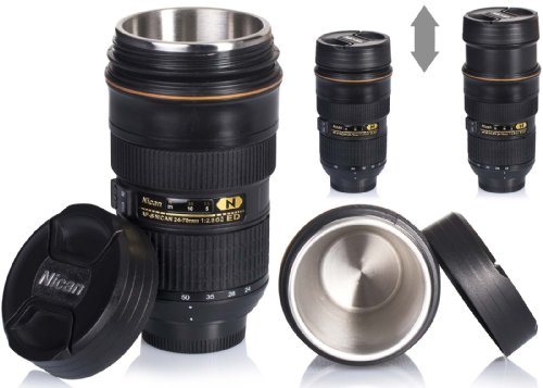 VENKON – Ausdrehbarer Trinkbecher Tasse in Kameraobjektiv Design – ausdrehbar – für Kaffe, Tee, Kakao, Milch, Wasser, etc. – 0.3l, schwarz - 2