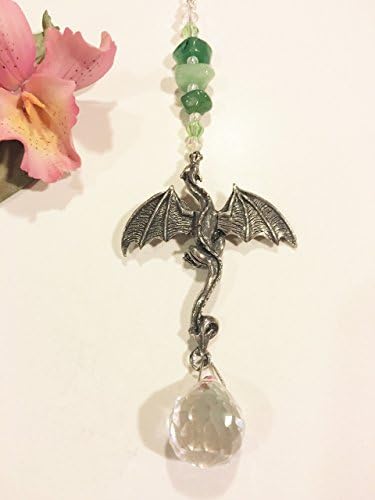 Rear View Mirror Dragon Green Adventurine Gemstone Crystal Car Charm Sun Catchers, Pewter Dragon Window Sun Catcher, Window Ornament Suncatcher ,Feng Shui ,Car Charm