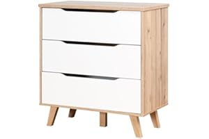 ‎FORTE FORTE VANKKA Kommode mit 3 Schubladen, Holzwerkstoff, Planked Eiche / Weiß, B/H/T: 80 / 86,3 / 42 cm