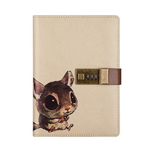 Travel Notebook with Combination Lock, Diary Writing PU Leather Animals Journal Notepad with Pen Holder for Boys and Girls, Refillable A5 Planner, 112 Sheets (Squirrel)