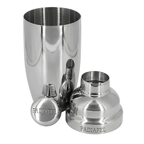 PADIAFEL Cocktailshaker Set-Premium Edelstahl Bar Cocktailset: 0,75L Professioneller Edelstahl Cocktail Shaker-Mixer mit Sieb, Messbecher, Barlöffel, Gabel + Barstößel - 5