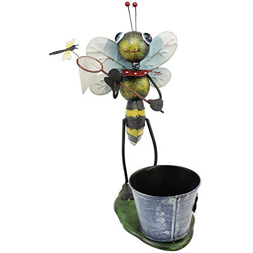 COM-FOUR® Dekofigur „Biene mit Kescher“, Gartenfigur aus bunt lackiertem Metall und Pflanztopf im Bienen-Design, ca. 41x34x21cm - 4