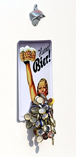 Wand-Flaschenöffner / orig. STARR-X-Öffner mit Magnetfalle / Fang-Magnet + Blech-Schild "Hurra Bier"