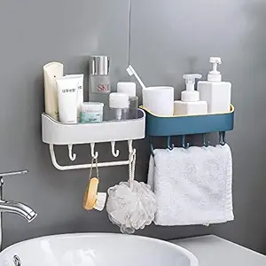 HOME CUBE Multipurpose Plastic Shelf Wall Storage Rack with Magic Sticker Towel Holder with 4 Hook for Kitchen Bathroom (Random Colour, Standard) -2 Pieces