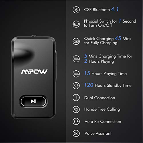 Mpow Bluetooth Aux Adapter 3.5mm,Bluetooth 4.1 Receiver w/Quick Charging 5-Min for 2 Hours Hands-free Calling/Stereo Hi-Fi Music, Wireless Bluetooth Car Kits with One-Key Button for Turn On/Off