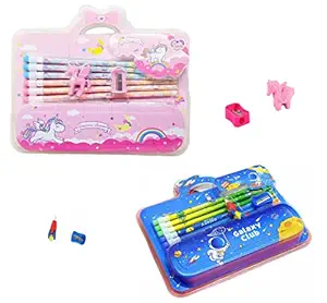 FI - FLICK IN Set of 2 Unicorn Theme Stationary Kit for Girls & Space Galaxy Theme Stationary Kit for Boys Pencil Set Eraser Set for Kids Birthday Gift Return Gifts for Kids (Pack of 18, Blue & Pink)