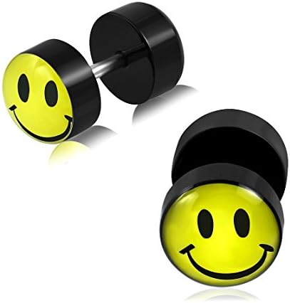 Body Jewellery Stainless Steel with Black Acrylic 3-Tone Happy Smiley Face Expander Faux Fake Ear Plug 10mm 16g