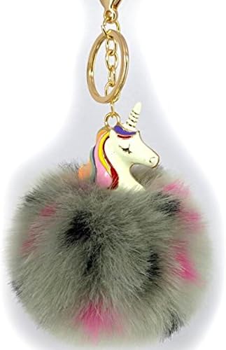 Unicorn KeyChain Pendant Fluffy Fur Pom Pom Keyring Bag Toy (Grey)