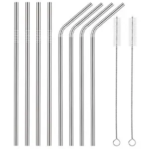 Decorcrafts Stainless Steel Straws for Drinking with Brushes Pack Of 10Pieces (4 Bent + 4 Straight + 2 Brushes)