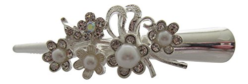 Small Smooth Silver Tone Diamante and Faux Pearl Flower Beak Clip / Flower Crocodile Clip