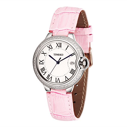Time100 Damenuhr Quarzuhr Mdchenuhr mit Kalender Leder rund Rosa+Silber#W50417L.02A