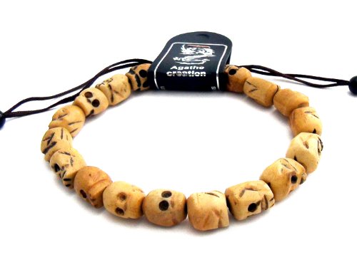 Agathe creation - Bracelet tibetain Porte Bonheur - tête de Mort en os de Yak - Beige - Fait Main