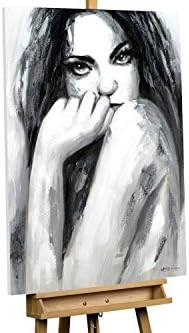 KunstLoft® Painting 'Shy Gesture' 39x28inches | Large, original hand-painted canvas | Woman Black and White Enchantment Modern | Modern art acrylic mural on frame
