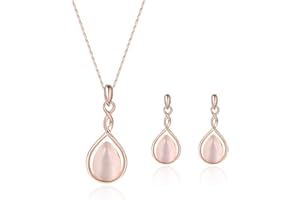 HSAJS Jewellery sets for women Pink Teardrop Pendant Bridal necklace and earring sets Rose Gold Embellished with Opal Fashion Wedding Jewelry Set Gift for Birthday