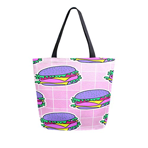 Preisvergleich Produktbild Psychedelic Burger Fast Food Tragbare Große Doppelseitige Casual Canvas Tragetaschen Handtasche Schulter Wiederverwendbare Einkaufstaschen Reisetasche Für Frauen Männer Lebensmittelgeschäft Reise
